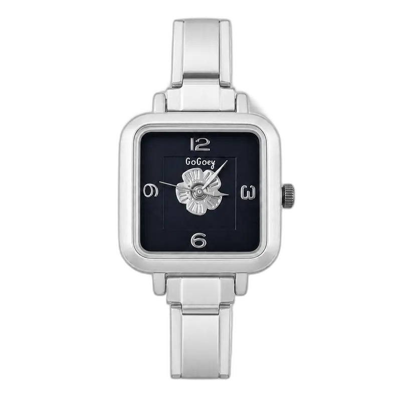 Silver Italian charm watch with a square floral face